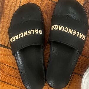 Balenciaga Black Slides with White Logo